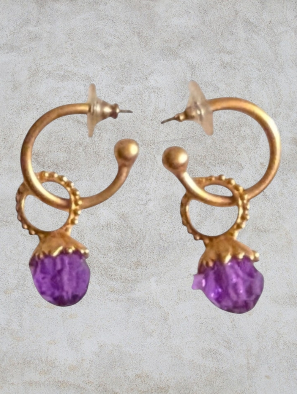 Brushed Gold Tone and Faceted Purple Hoop Earrings Convertible. Pierced.